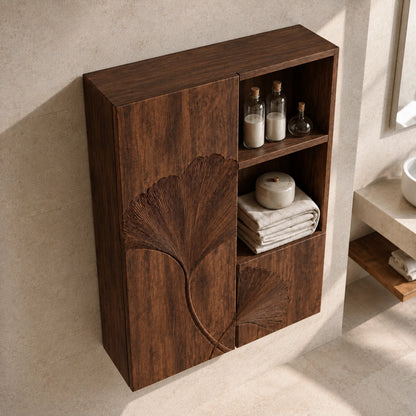 Ginkgo-Carved Bathroom Cabinet with Open Shelving in Natural Solid Wood - Woodenecho - 4