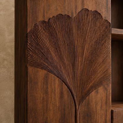 Ginkgo-Carved Bathroom Cabinet with Open Shelving in Natural Solid Wood - Woodenecho - 5