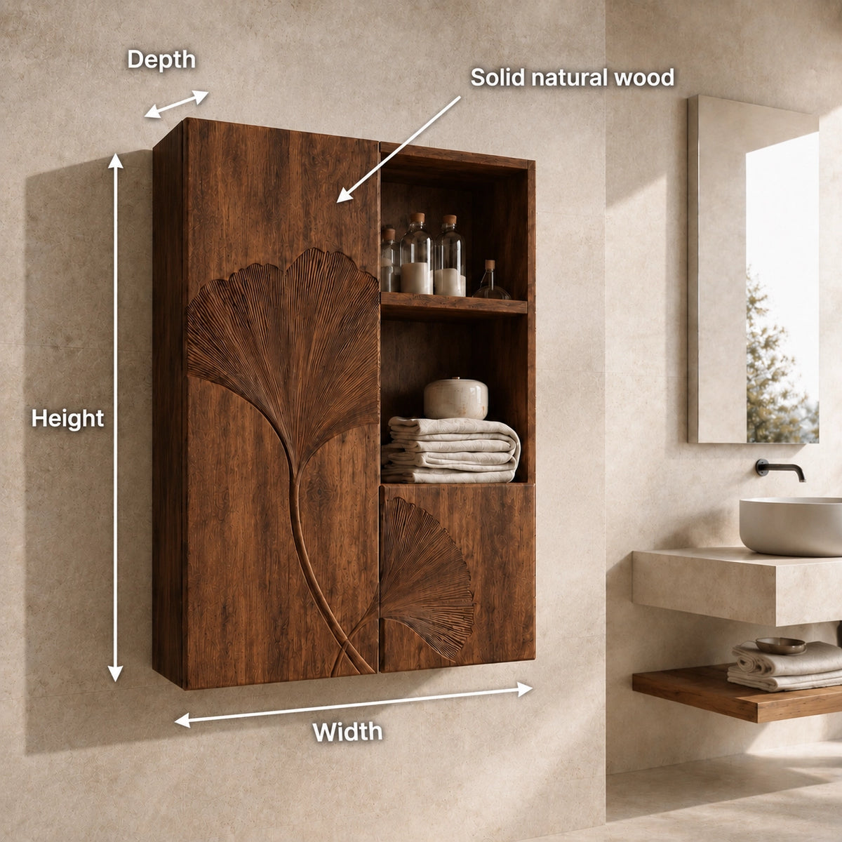 Ginkgo-Carved Bathroom Cabinet with Open Shelving in Natural Solid Wood - Woodenecho - 6