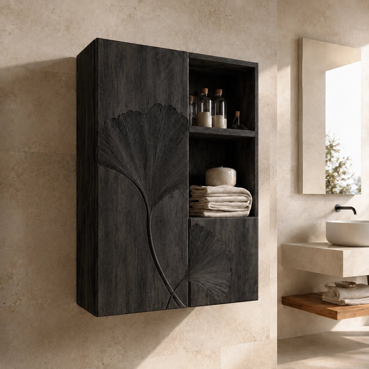 Ginkgo-Carved Bathroom Cabinet with Open Shelving in Natural Solid Wood - Woodenecho - 7