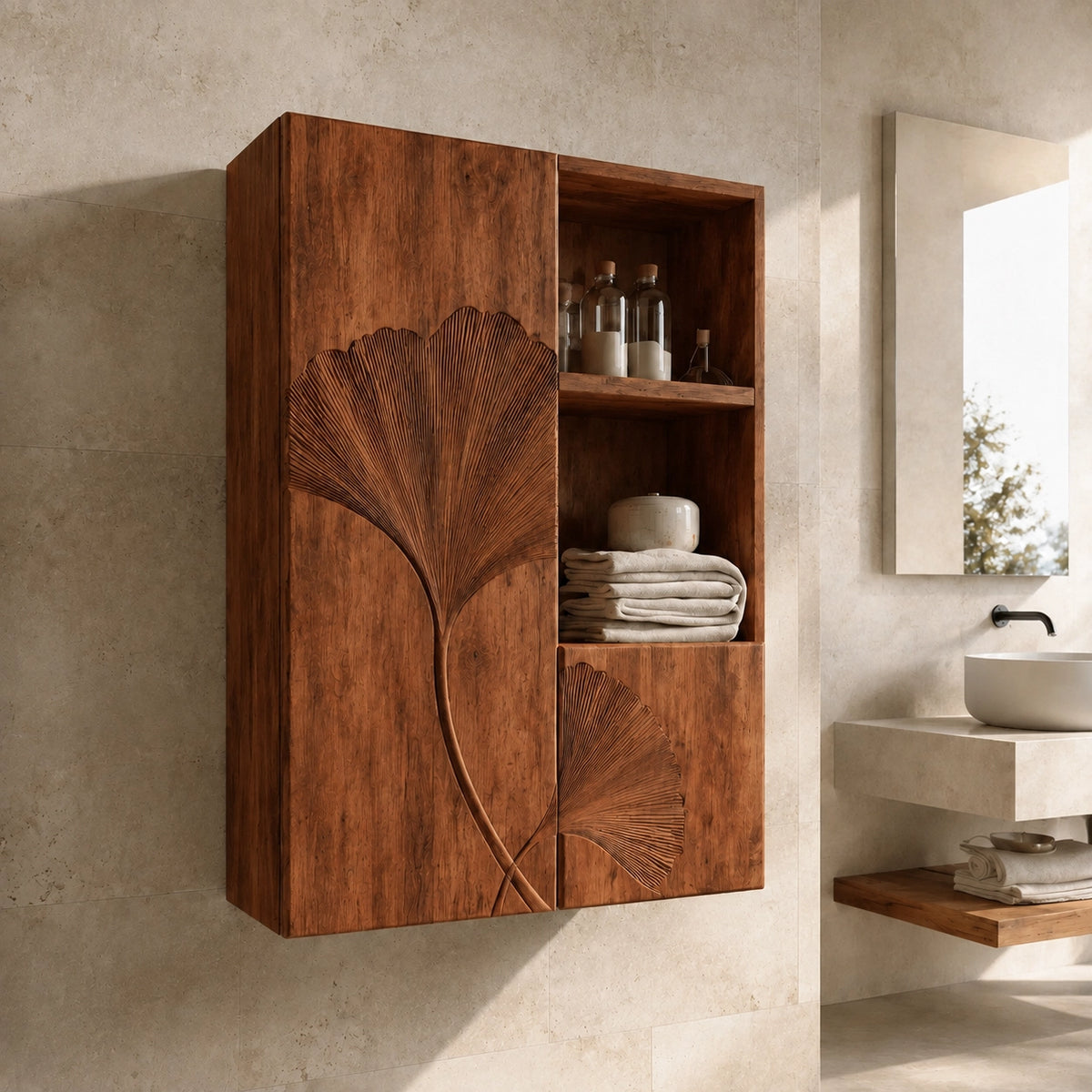 Ginkgo-Carved Bathroom Cabinet with Open Shelving in Natural Solid Wood - Woodenecho - 8