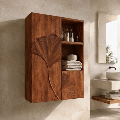 Ginkgo-Carved Bathroom Cabinet with Open Shelving in Natural Solid Wood - Woodenecho - 8