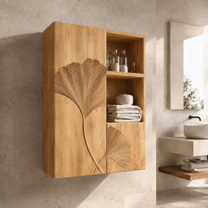 Ginkgo-Carved Bathroom Cabinet with Open Shelving in Natural Solid Wood - Woodenecho - 9