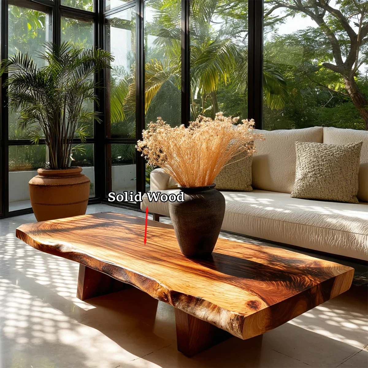 Contemporary coffee table with natural grain detail and organic edges for cozy interiors