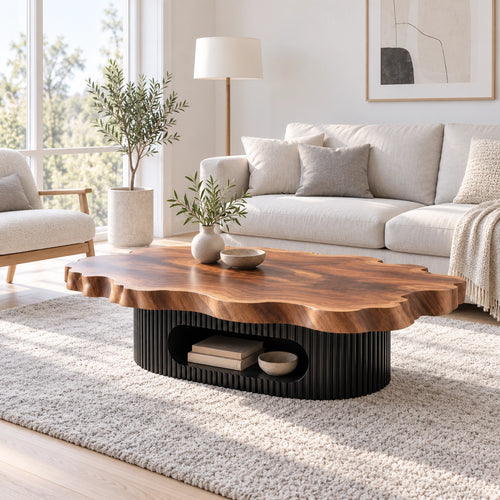 Live-Edge Coffee Table with Open Shelf in Natural Solid Wood Design - Woodenecho - 1