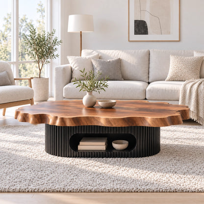 Live-Edge Coffee Table with Open Shelf in Natural Solid Wood Design - Woodenecho - 2