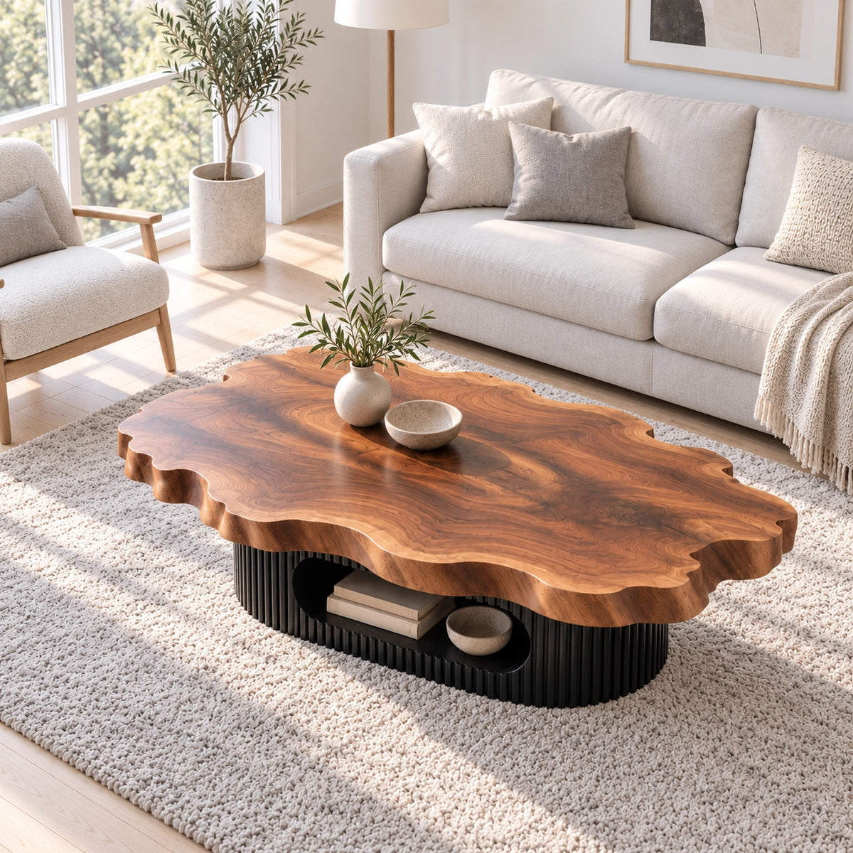 Live-Edge Coffee Table with Open Shelf in Natural Solid Wood Design - Woodenecho - 4