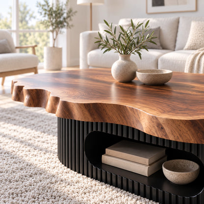 Live-Edge Coffee Table with Open Shelf in Natural Solid Wood Design - Woodenecho - 5