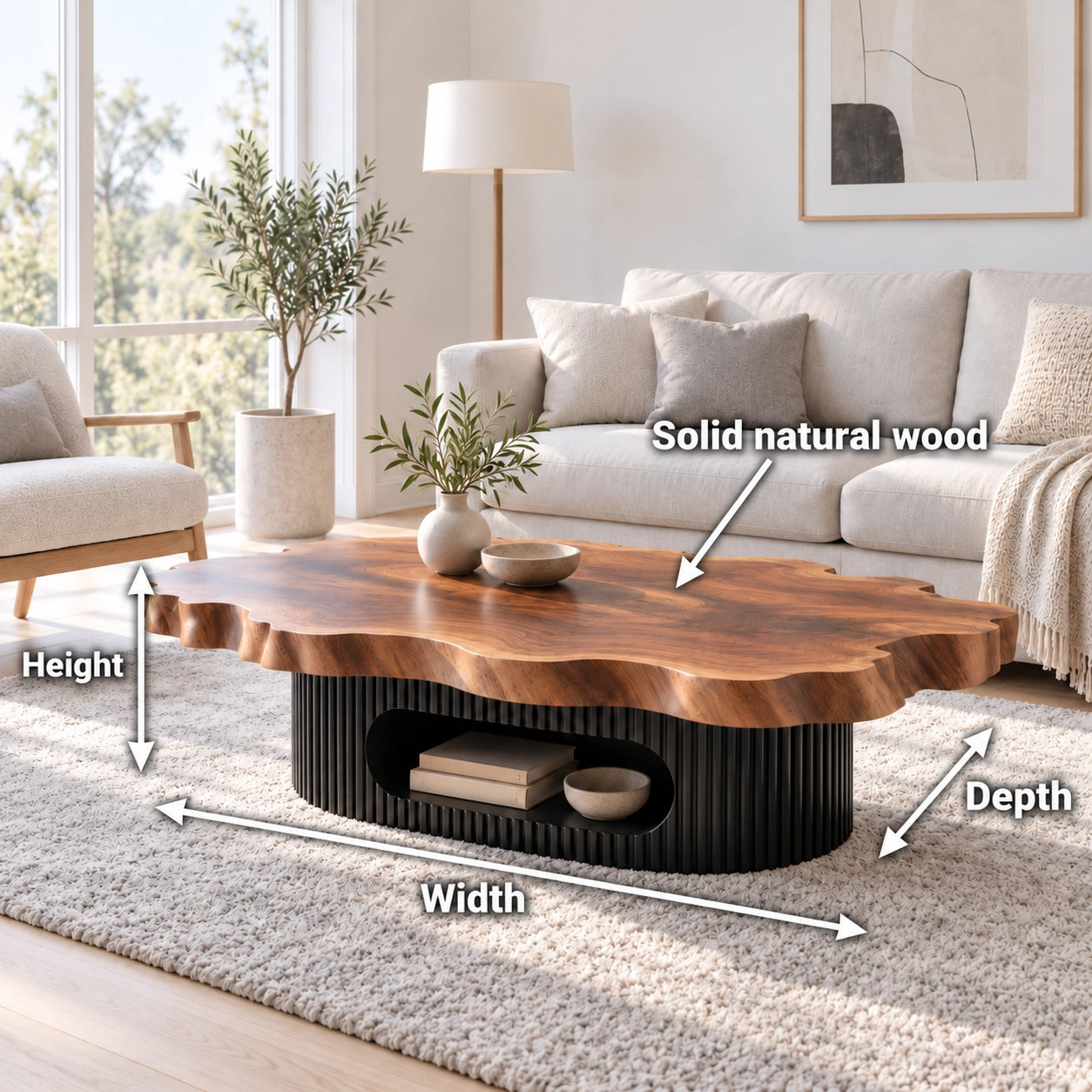 Live-Edge Coffee Table with Open Shelf in Natural Solid Wood Design - Woodenecho - 6