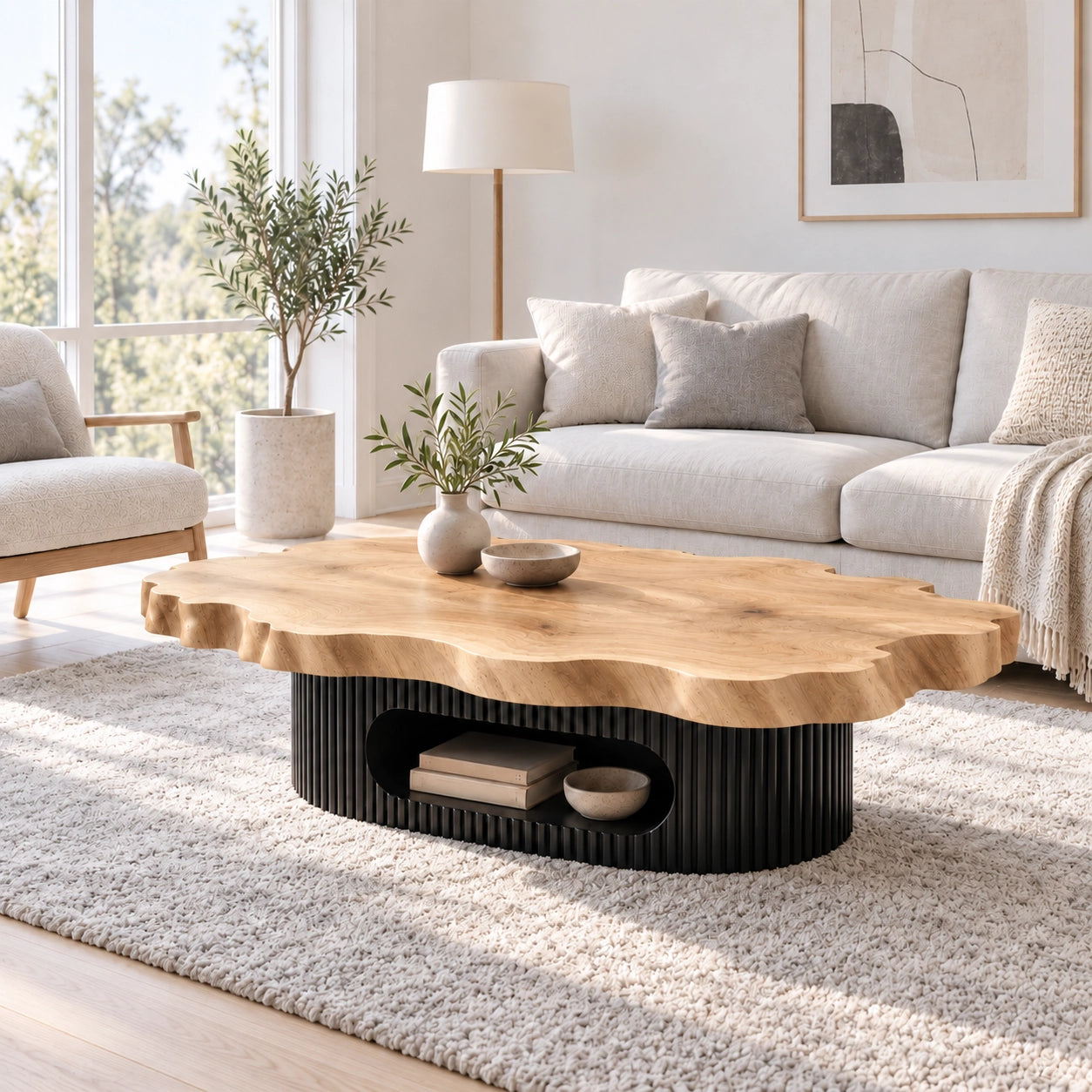 Live-Edge Coffee Table with Open Shelf in Natural Solid Wood Design - Woodenecho - 8