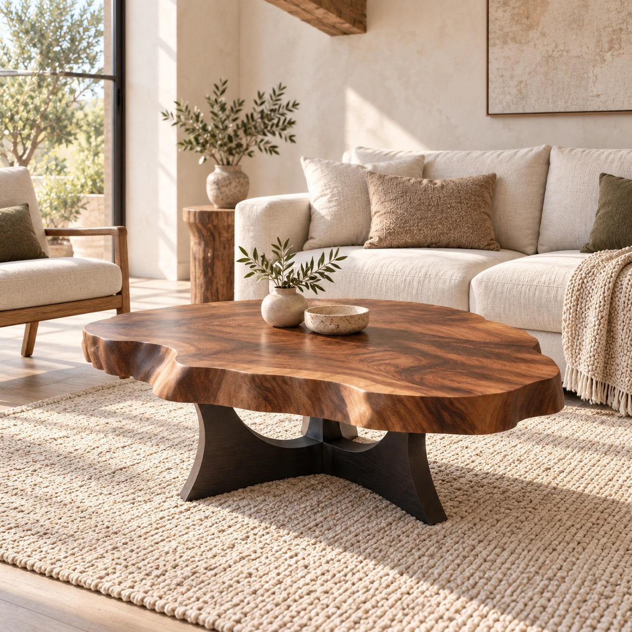 Live-Edge Coffee Table with Sculptural Cross Base in Natural Solid Wood - Woodenecho - 1