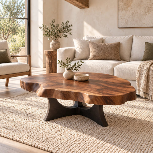 Live-Edge Coffee Table with Sculptural Cross Base in Natural Solid Wood - Woodenecho - 1