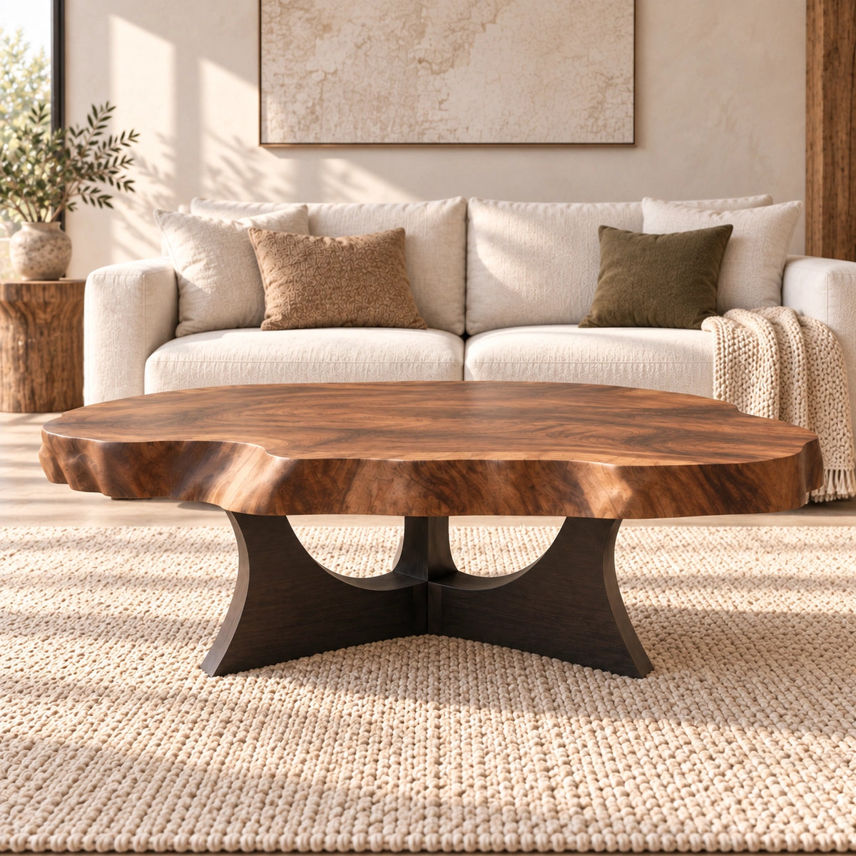 Live-Edge Coffee Table with Sculptural Cross Base in Natural Solid Wood - Woodenecho - 2