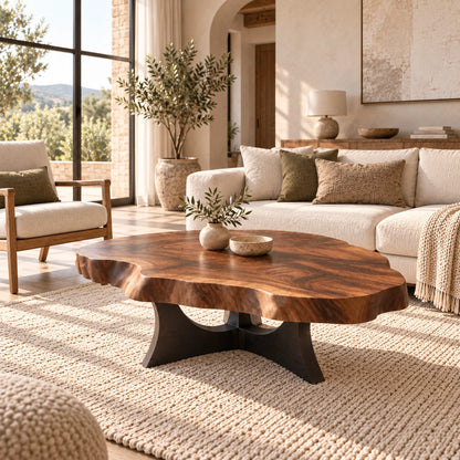 Live-Edge Coffee Table with Sculptural Cross Base in Natural Solid Wood - Woodenecho - 3