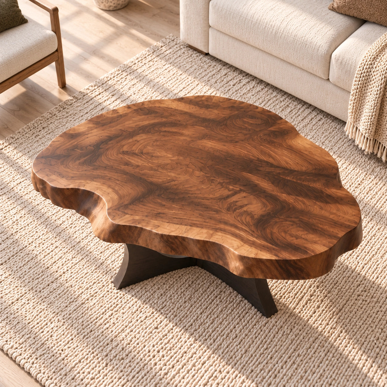 Live-Edge Coffee Table with Sculptural Cross Base in Natural Solid Wood - Woodenecho - 4
