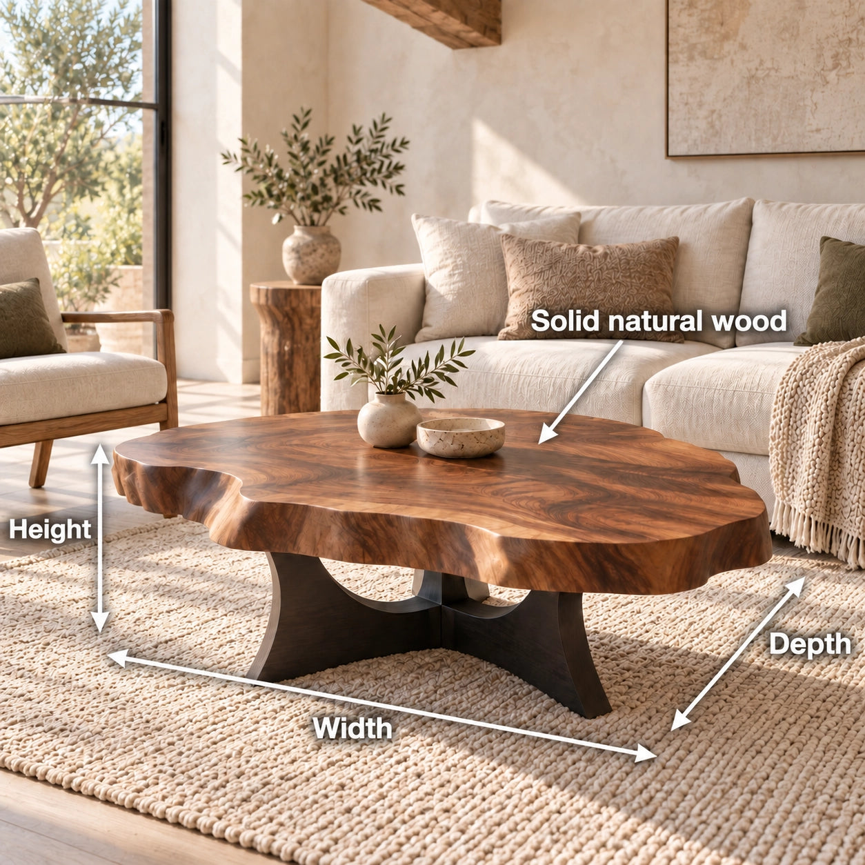 Live-Edge Coffee Table with Sculptural Cross Base in Natural Solid Wood - Woodenecho - 6