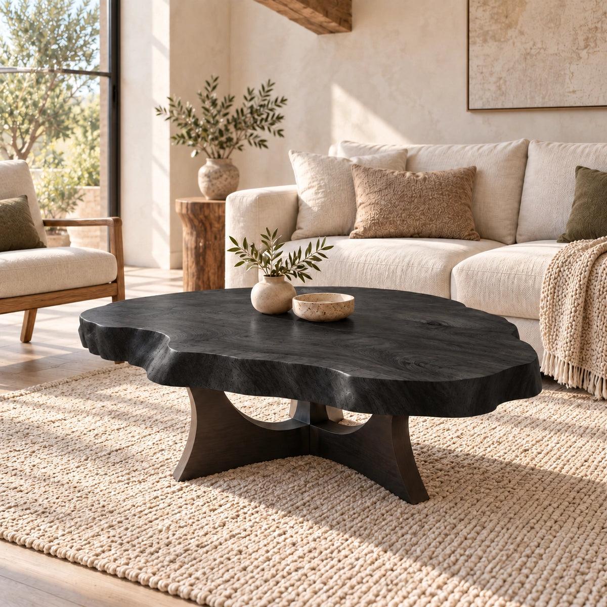 Live-Edge Coffee Table with Sculptural Cross Base in Natural Solid Wood - Woodenecho - 7