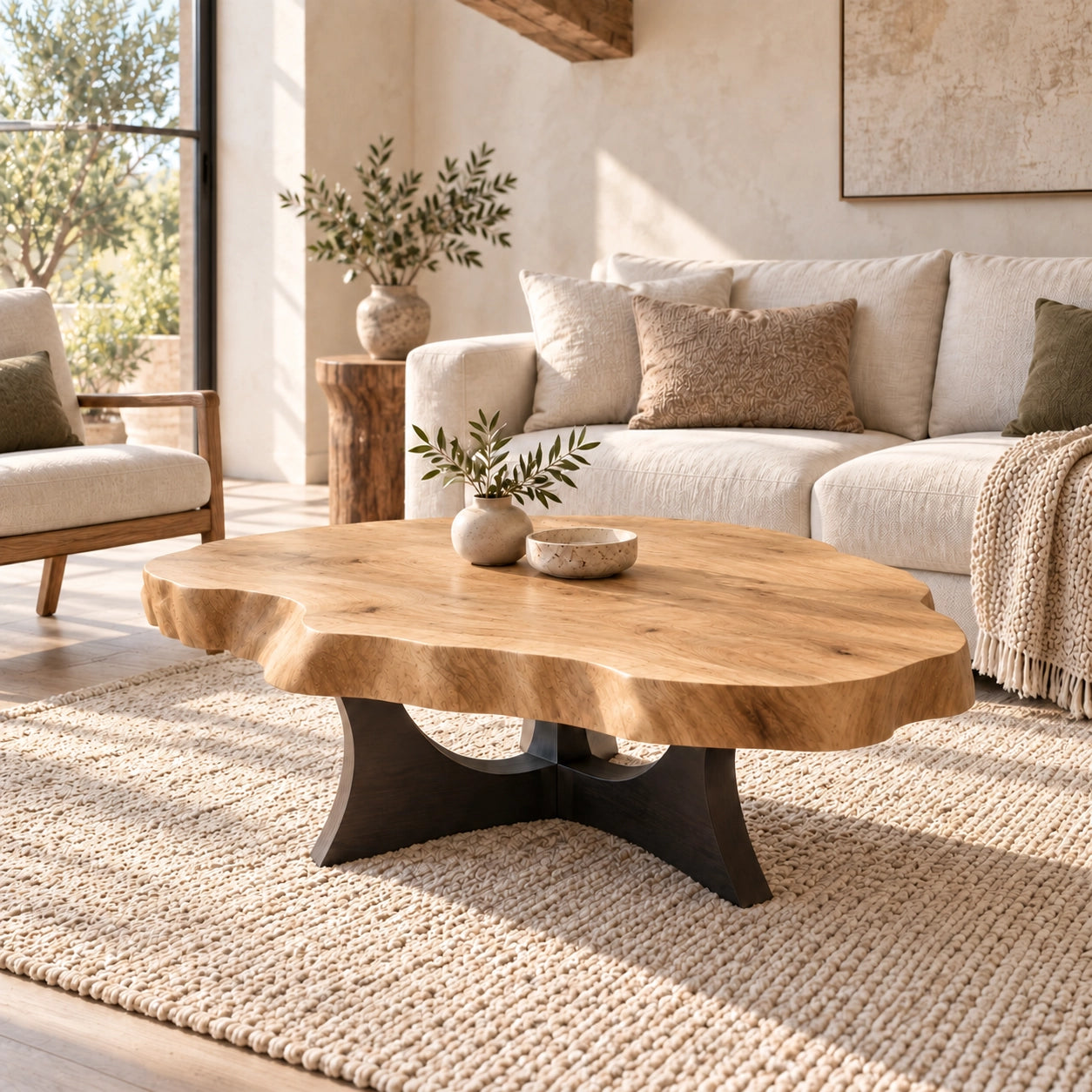 Live-Edge Coffee Table with Sculptural Cross Base in Natural Solid Wood - Woodenecho - 8