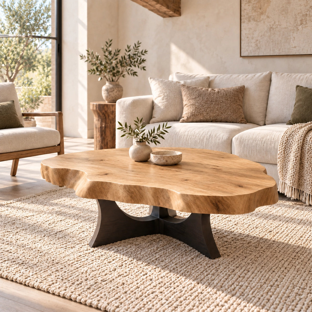 Live-Edge Coffee Table with Sculptural Cross Base in Natural Solid Wood - Woodenecho - 8
