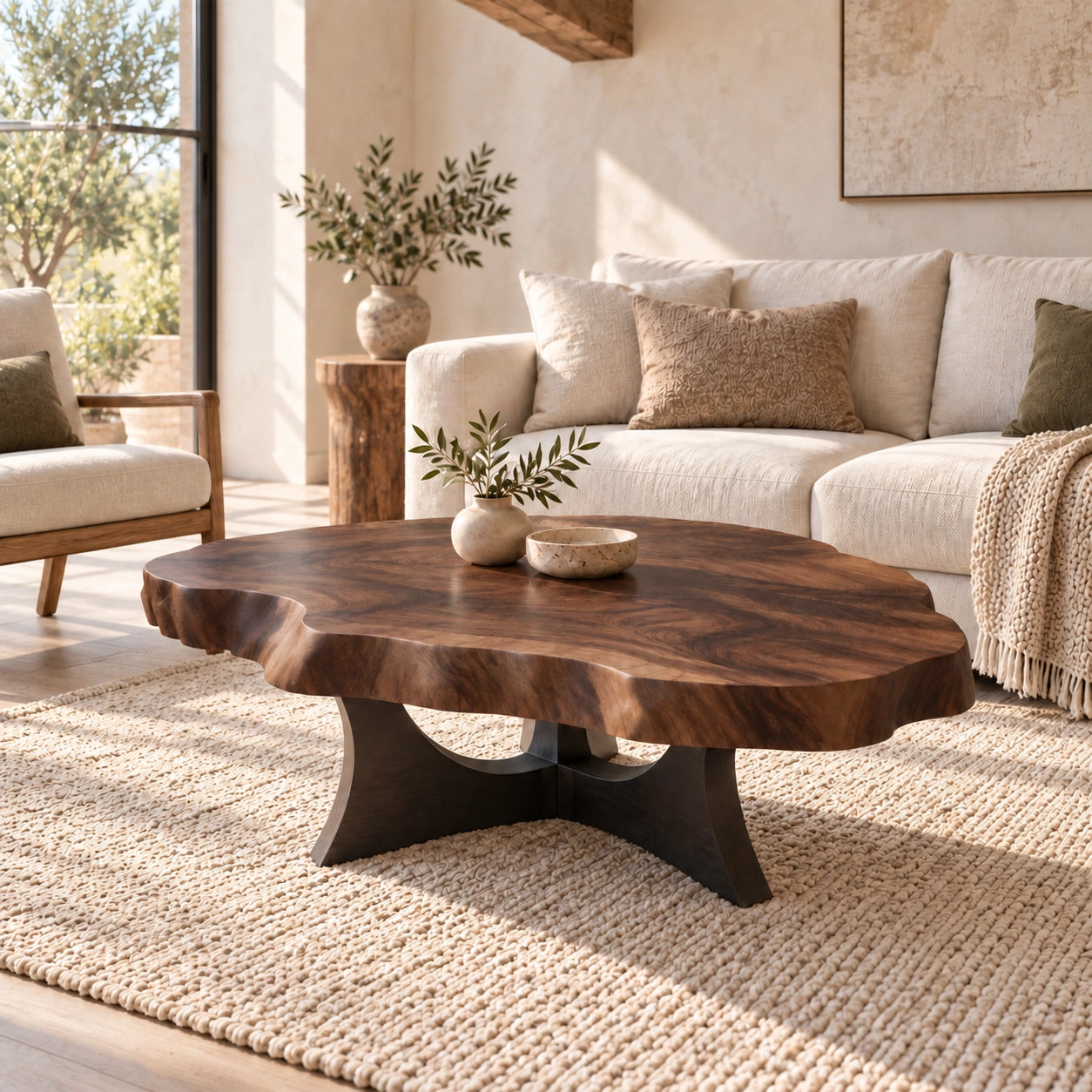 Live-Edge Coffee Table with Sculptural Cross Base in Natural Solid Wood - Woodenecho - 9