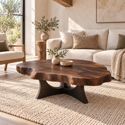 Live-Edge Coffee Table with Sculptural Cross Base in Natural Solid Wood - Woodenecho - 9