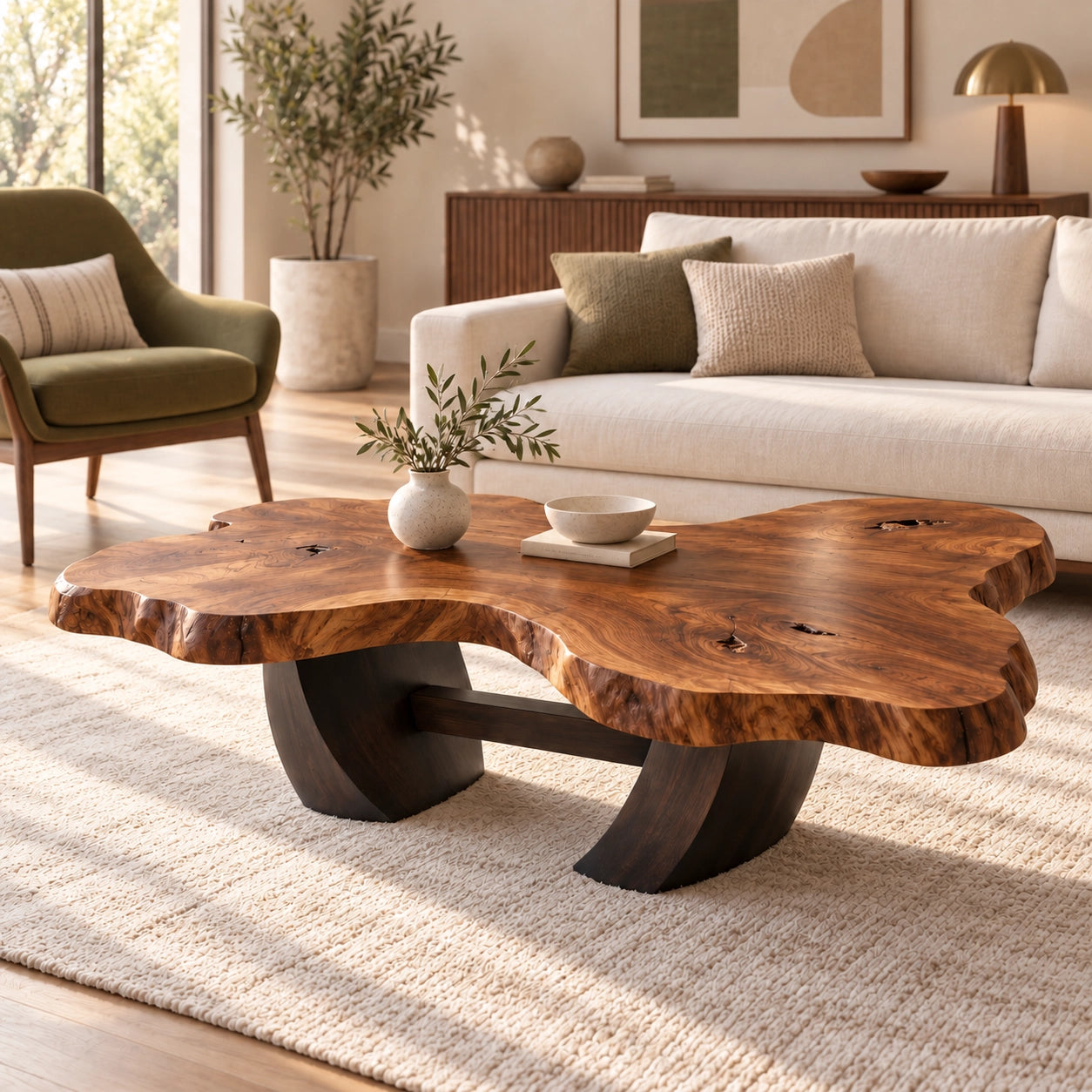 Live-Edge Coffee Table with Sculptural Wood Base in Natural Solid Wood - Woodenecho - 1