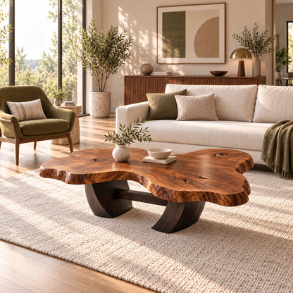 Live-Edge Coffee Table with Sculptural Wood Base in Natural Solid Wood - Woodenecho - 3