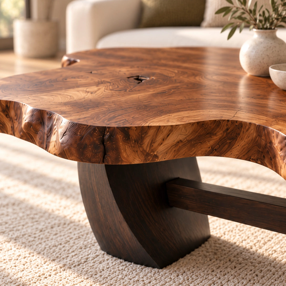 Live-Edge Coffee Table with Sculptural Wood Base in Natural Solid Wood - Woodenecho - 5