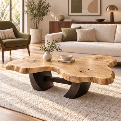 Live-Edge Coffee Table with Sculptural Wood Base in Natural Solid Wood - Woodenecho - 8