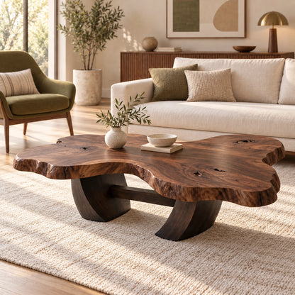 Live-Edge Coffee Table with Sculptural Wood Base in Natural Solid Wood - Woodenecho - 9