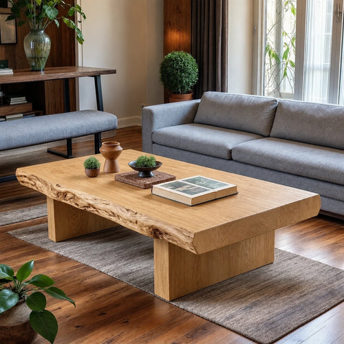 Live-Edge Coffee Table with Solid Wood Pedestal Base in Four Sizes - Woodenecho - 1