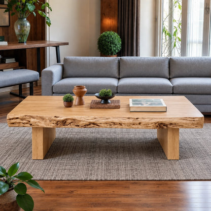 Live-Edge Coffee Table with Solid Wood Pedestal Base in Four Sizes - Woodenecho - 3