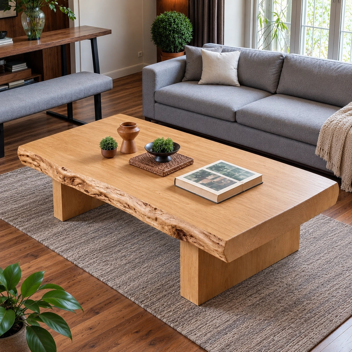 Live-Edge Coffee Table with Solid Wood Pedestal Base in Four Sizes - Woodenecho - 4