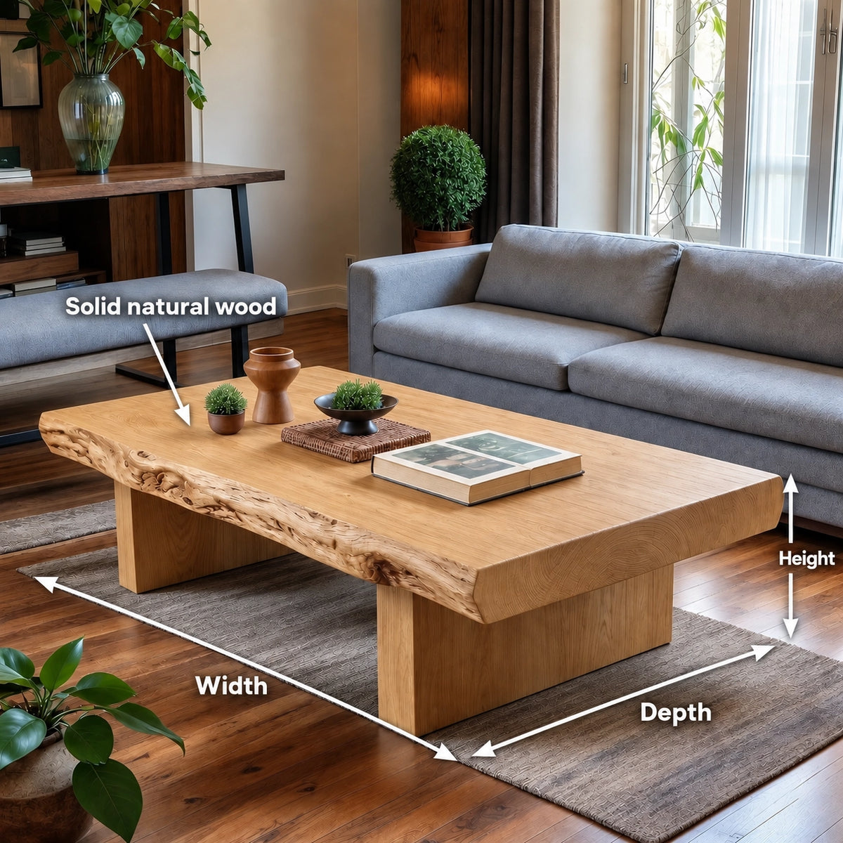Live-Edge Coffee Table with Solid Wood Pedestal Base in Four Sizes - Woodenecho - 6
