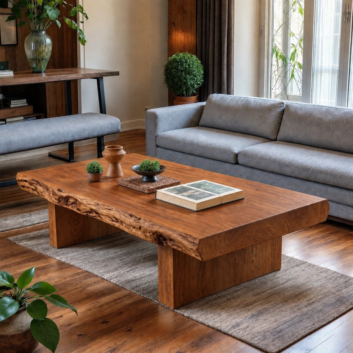 Live-Edge Coffee Table with Solid Wood Pedestal Base in Four Sizes - Woodenecho - 8