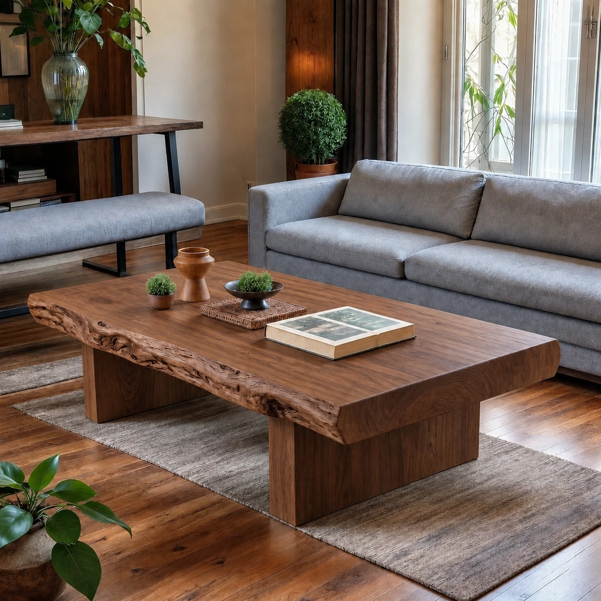 Live-Edge Coffee Table with Solid Wood Pedestal Base in Four Sizes - Woodenecho - 9