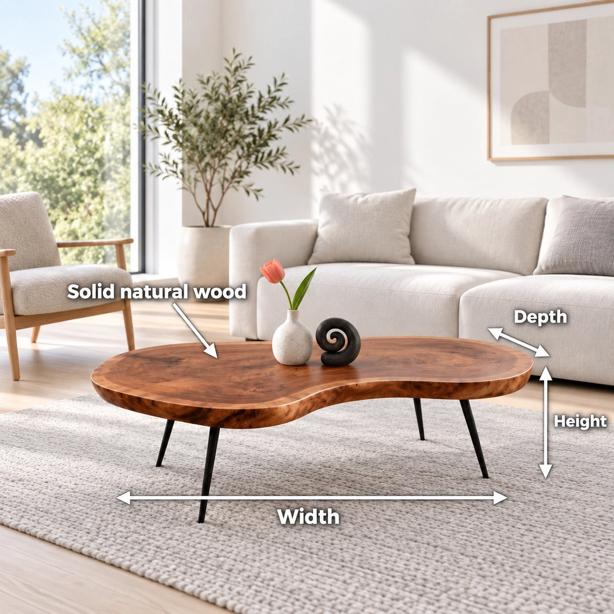 Live-Edge Coffee Table with Tapered Metal Legs in Natural Solid Wood - Woodenecho - 6