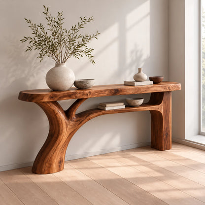 Live Edge Console Table with Branching Tree-Form Base and Open Lower Shelf - Woodenecho - 2
