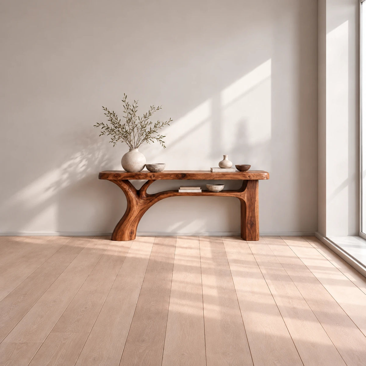 Live Edge Console Table with Branching Tree-Form Base and Open Lower Shelf - Woodenecho - 3