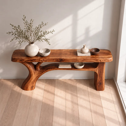 Live Edge Console Table with Branching Tree-Form Base and Open Lower Shelf - Woodenecho - 5