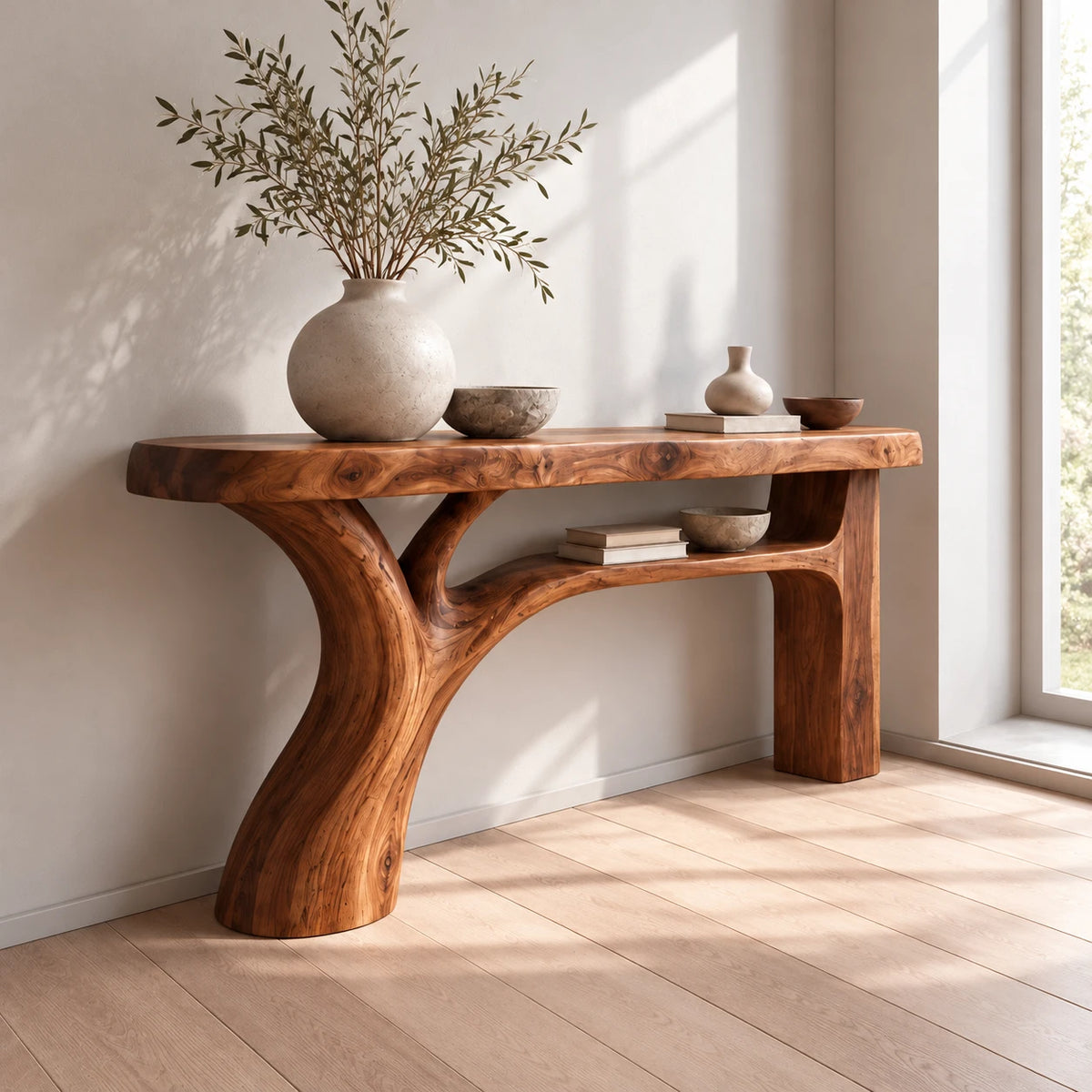 Live Edge Console Table with Branching Tree-Form Base and Open Lower Shelf - Woodenecho - 6
