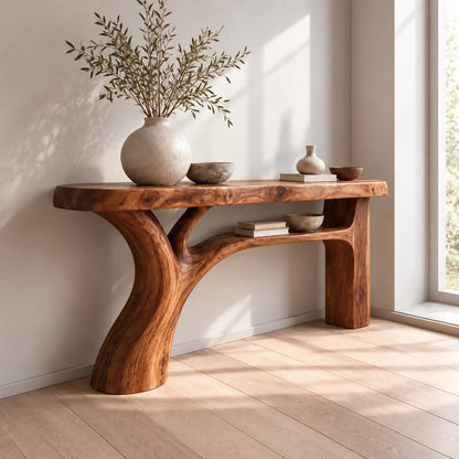 Live Edge Console Table with Branching Tree-Form Base and Open Lower Shelf - Woodenecho - 6