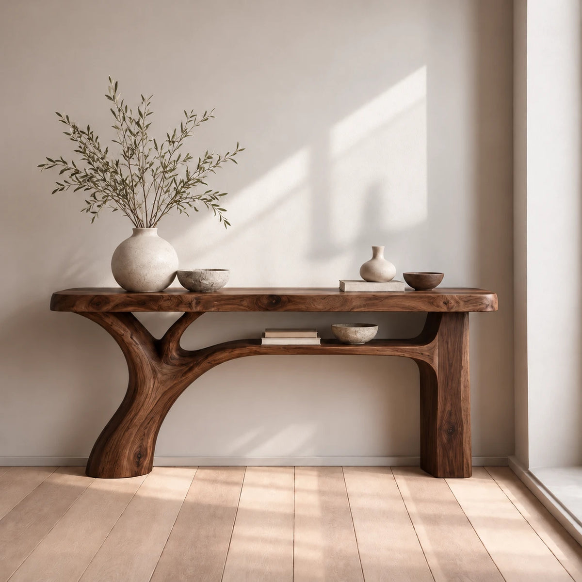 Live Edge Console Table with Branching Tree-Form Base and Open Lower Shelf - Woodenecho - 7