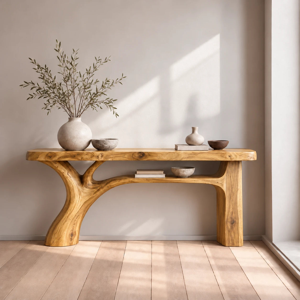 Live Edge Console Table with Branching Tree-Form Base and Open Lower Shelf - Woodenecho - 8