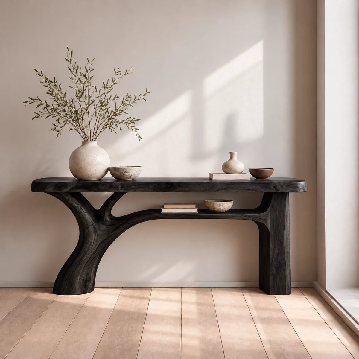 Live Edge Console Table with Branching Tree-Form Base and Open Lower Shelf - Woodenecho - 9