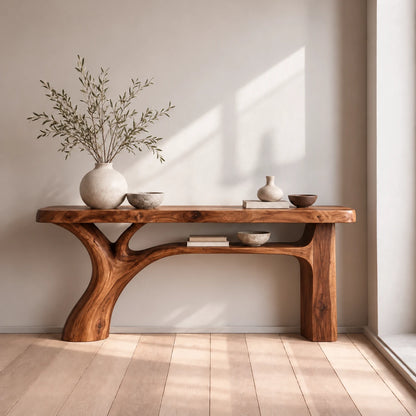 Live Edge Console Table with Branching Tree-Form Base and Open Lower Shelf - Woodenecho