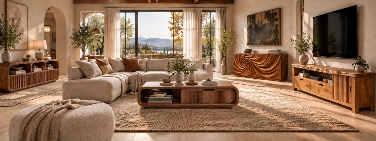 Living room with solid wood coffee table, TV stand and carved sideboard
