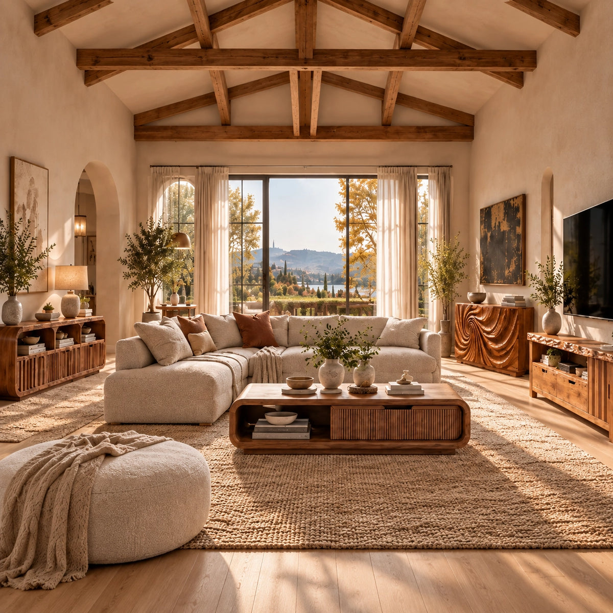 Living room with solid wood coffee table, TV stand and carved sideboard