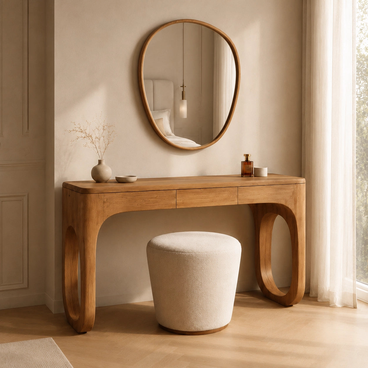 Makeup Vanity with Biomorphic Curved Legs in Natural Solid Woods - Woodenecho - 1