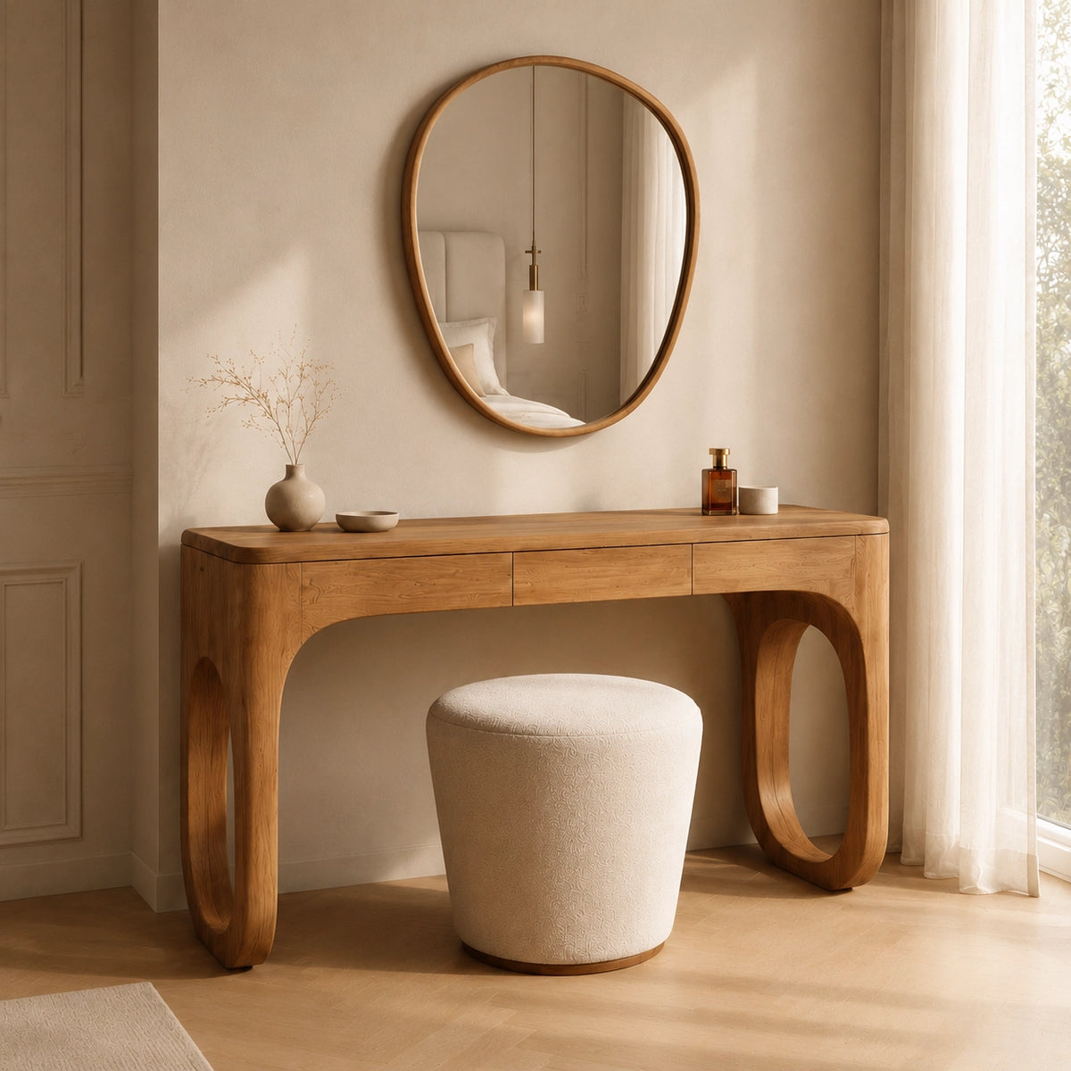 Makeup Vanity with Biomorphic Curved Legs in Natural Solid Woods - Woodenecho - 1